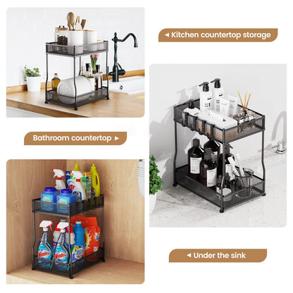 Under Sink Organizer and Storage, PHINOX Bathroom Organizer Under Sink-2 PACK, 2 Tier Under Kitchen Sink Organizer, Metal Cabinet Storage Organizer