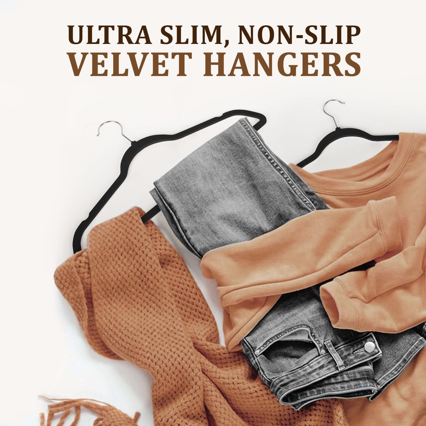 Flysums Premium Velvet Hangers 50 Pack with 10 Bonus Plastic Hangers, Heavy Duty Study Black Hangers for Coats, Pants & Dress - Non Slip Clothes Hanger Set - Space Saving Felt Hangers for Clothing