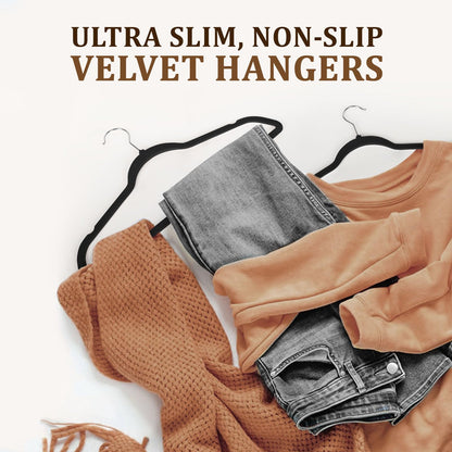 Flysums Premium Velvet Hangers 50 Pack with 10 Bonus Plastic Hangers, Heavy Duty Study Black Hangers for Coats, Pants & Dress - Non Slip Clothes Hanger Set - Space Saving Felt Hangers for Clothing