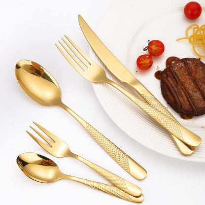 A · HOUSEWARE Hammered Silverware Set Gold 20-Piece Stainless Steel Flatware for 4 Forks Knives and Spoons Modern Thickened Creative Design Handle Durable Festival Parties Kitchen Everyday Use