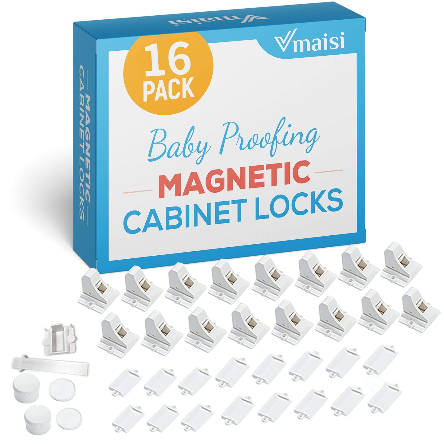 16 Pack Child Safety Magnetic Cabinet Locks - Vmaisi Children Proof Cupboard Baby Locks Latches - Adhesive for Cabinets & Drawers and Screws Fixed for Durable Protection
