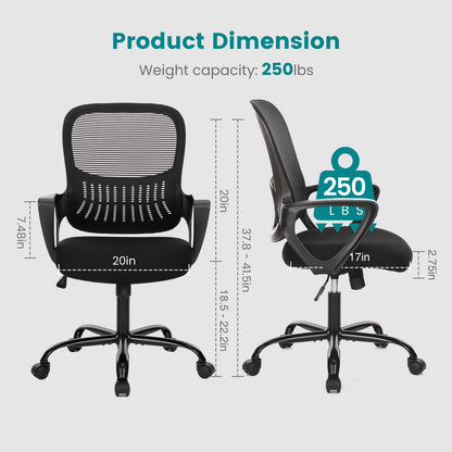 SMUG Office Computer Desk Chair, Ergonomic Mid-Back Mesh Rolling Work Swivel Task Chairs with Wheels, Comfortable Lumbar Support, Comfy Arms for Home, Bedroom, Study, Dorm, Student, Adults, Black