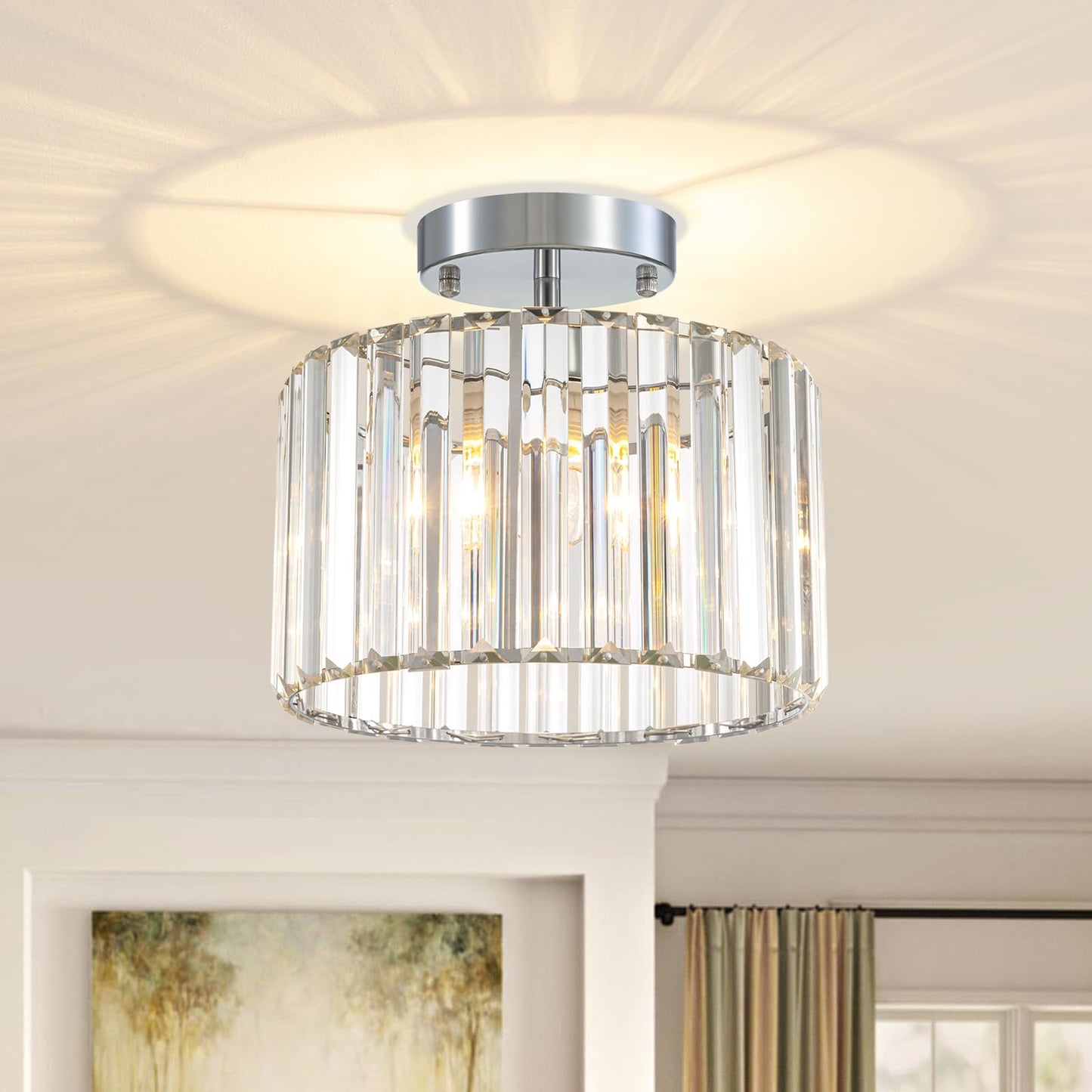 TSMKLEDAN Semi Flush Mount Ceiling Light, Modern Crystal Ceiling Light Fixture, 9.5 Inch Small Crystal Chandeliers for Living Room Hallway Bedroom Kitchen Porch Entryway with E26 Base, Silver