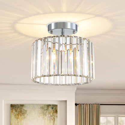 TSMKLEDAN Semi Flush Mount Ceiling Light, Modern Crystal Ceiling Light Fixture, 9.5 Inch Small Crystal Chandeliers for Living Room Hallway Bedroom Kitchen Porch Entryway with E26 Base, Silver