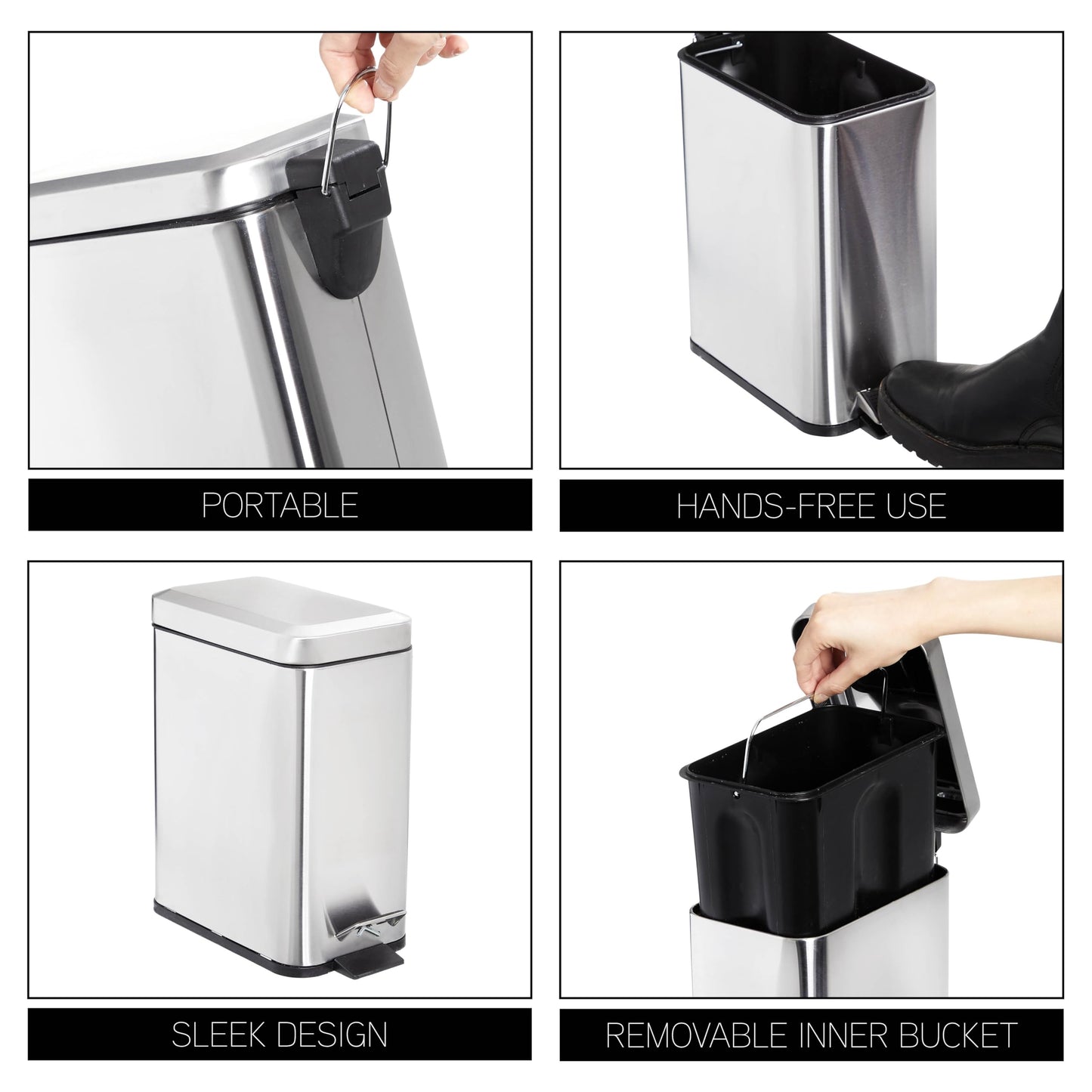 simplemade Rectangle Step Trash Can - 5 Liter / 1.3 Gallon - Stainless Steel Bathroom Trash Can | Small Trash Can with Lid | Office Trash Can | Garbage Can with Lid | Metal Wastebasket (Steel)