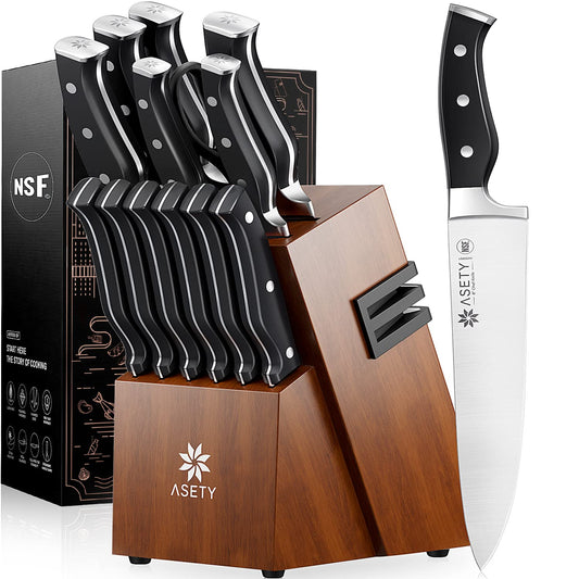 ASETY Knife Set, 15 PCS Kitchen Knife Set with Built-in Knife Sharpener Block, German Stainless Steel Knife Block Set, Full Tang Chef Knife Set, NSF Food Safe, Gift for Men I Women