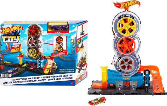 Hot Wheels City Super Twist Tire Shop Playset, Spin the Key to Make Cars Travel Through the Tires, Includes 1 Hot Wheels Car, for Kids 4 to 8 Years Old (Amazon Exclusive)