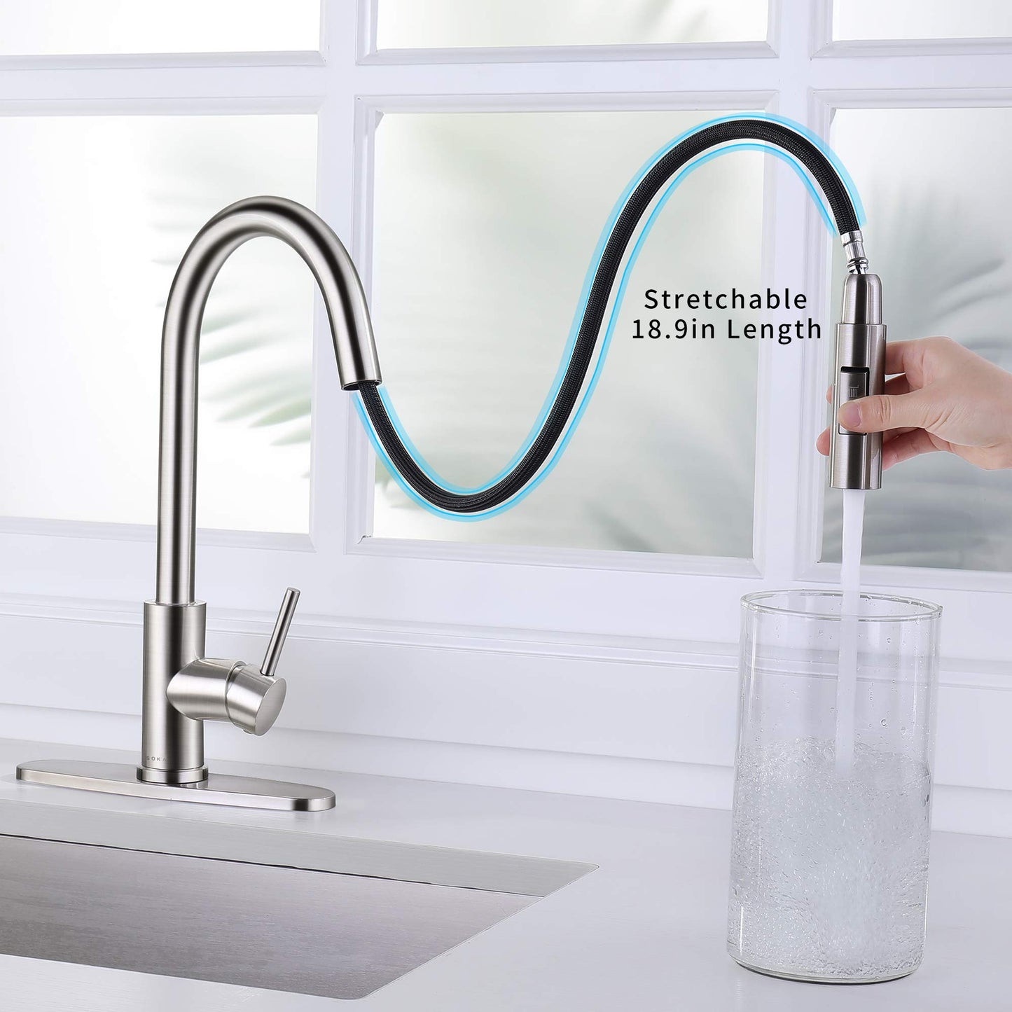 SOKA Commercial Kitchen Faucet with Pull Down Sprayer RV Touch Faucet for Kitchen Sink Singel Handle Travel Trailer Brushed Nickel Kitchen Faucet High Arc Fit for 1 & 3 Hole with Desk Plate