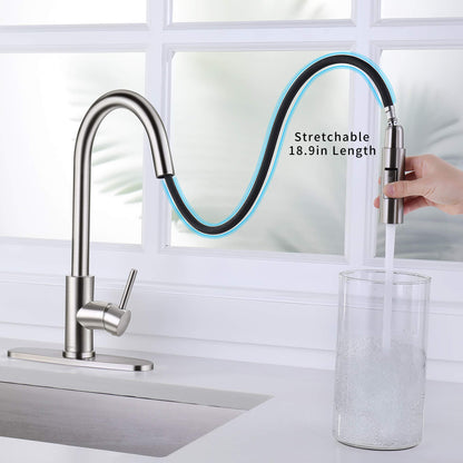 SOKA Commercial Kitchen Faucet with Pull Down Sprayer RV Touch Faucet for Kitchen Sink Singel Handle Travel Trailer Brushed Nickel Kitchen Faucet High Arc Fit for 1 & 3 Hole with Desk Plate