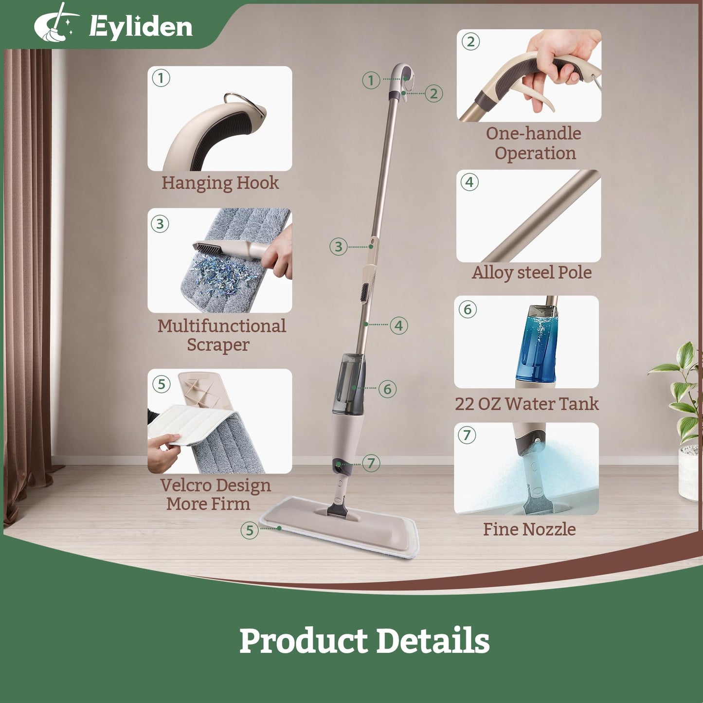 Eyliden Spray Mop, Mops for Floor Cleaning with 2pcs Microfiber Reusable Pads and 22 oz Bottle, Wet Jet Flat Mop for Wood Hardwood Laminate Ceramic Tiles Floor Cleaner Tools