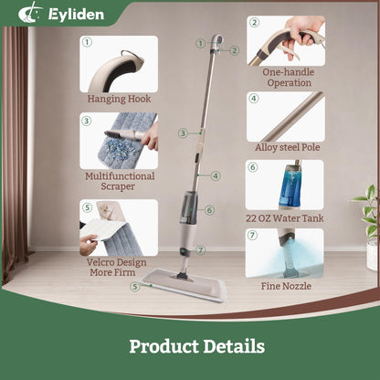 Eyliden Spray Mop, Mops for Floor Cleaning with 2pcs Microfiber Reusable Pads and 22 oz Bottle, Wet Jet Flat Mop for Wood Hardwood Laminate Ceramic Tiles Floor Cleaner Tools
