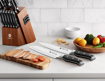 ASETY Knife Set, 15 PCS Kitchen Knife Set with Built-in Knife Sharpener Block, German Stainless Steel Knife Block Set, Full Tang Chef Knife Set, NSF Food Safe, Gift for Men I Women