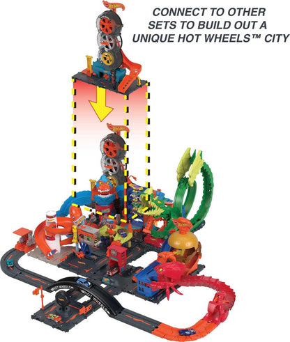 Hot Wheels City Super Twist Tire Shop Playset, Spin the Key to Make Cars Travel Through the Tires, Includes 1 Hot Wheels Car, for Kids 4 to 8 Years Old (Amazon Exclusive)
