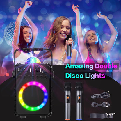 VerkTop Karaoke Machine, Portable Bluetooth Karaoke Speaker with 2 Wireless Mics for Adults Kids Singing Machine with Disco LED Lights Gifts for Girls Boys Home Party