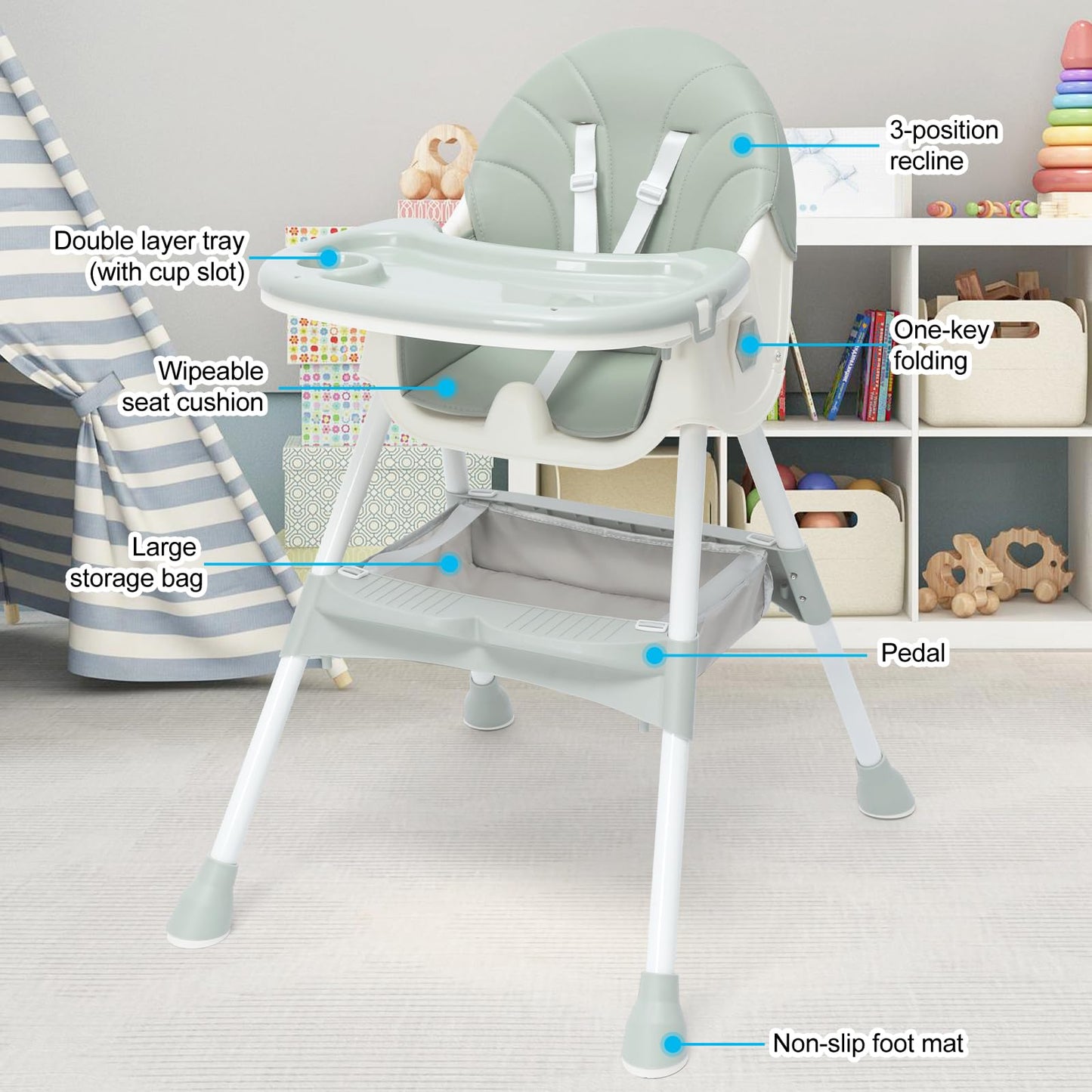 High Chair, MJKSARE Baby High Chair, High Chairs for Babies and Toddlers, Back & Height Adjustable, with Double Plate, Five Point Seat Belt, One Click Folding High Chair for Space Saving