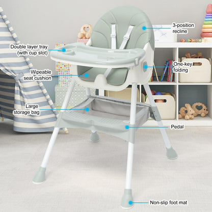 High Chair, MJKSARE Baby High Chair, High Chairs for Babies and Toddlers, Back & Height Adjustable, with Double Plate, Five Point Seat Belt, One Click Folding High Chair for Space Saving