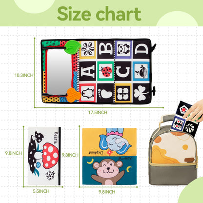Tummy Time Baby Mirror Toys High Contrast Activity Montessori Brain Developmental Newborn Toys with Sensory Crinkle Books and Teethers Infant 0-3-4-6-12 Months Old Boys Girls Travel Gift