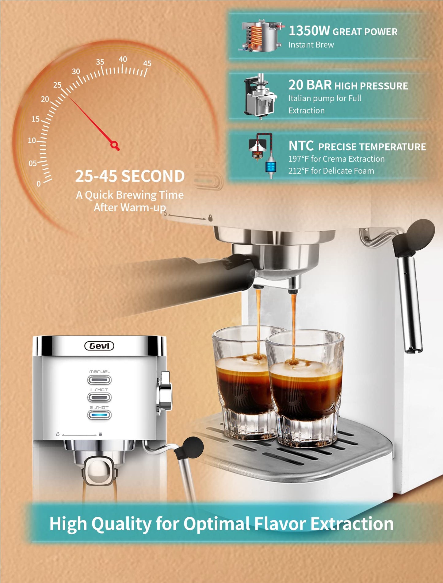 Gevi 20 Bar Espresso Machine, Cappuccino Machine with Milk Frother Steam Wand, Compact Espresso Super Automatic Espresso Machines for home with 34oz Removable Water Tank for Espresso Machines