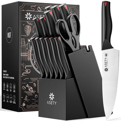ASETY Knife Set, 15 PCS Kitchen knife Set with Bulti-in Sharpener Block, High Carbon Stainless Steel Knife Block Set, NSF Food Safe, Dishwasher Safe Knife Sets for Kitchen, Black, Gift Box