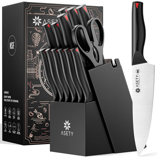 ASETY Knife Set, 15 PCS Kitchen knife Set with Bulti-in Sharpener Block, High Carbon Stainless Steel Knife Block Set, NSF Food Safe, Dishwasher Safe Knife Sets for Kitchen, Black, Gift Box