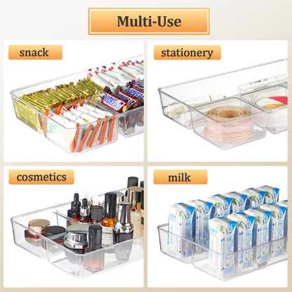 CherHome Drawer Organizer，2PCS Clear Organization and Storage Set，Desk Drawer Organizer Food Snack Organizer，Plastic Organizer Bins for Kitchen Drawer，Bathroom，Makeup and Office(13 X 8.9 X 2.3in)