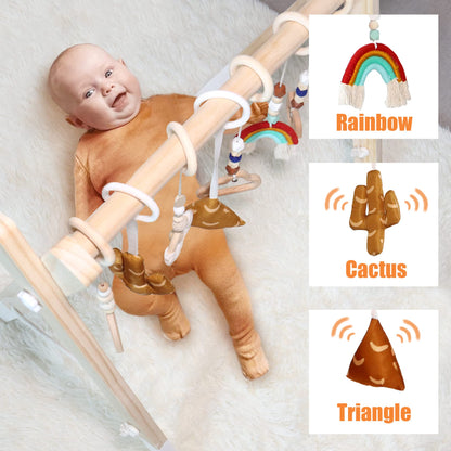 PgUp Baby Play Gym Wooden Baby Gym with 7 Toys, Foldable Wooden Play Gym Frame Hanging Bar, Toddler Montessori Activity Center for Play & Learn, Newborn Gift for Baby Girl and Boy