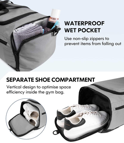 Gym Bag for Men Women, Foldable Travel Duffel Bags with Shoe Compartment & Wet Pocket, Lightweight Weekender Overnight Duffle Bag, Water Resistant Workout Sports Bag, Grey