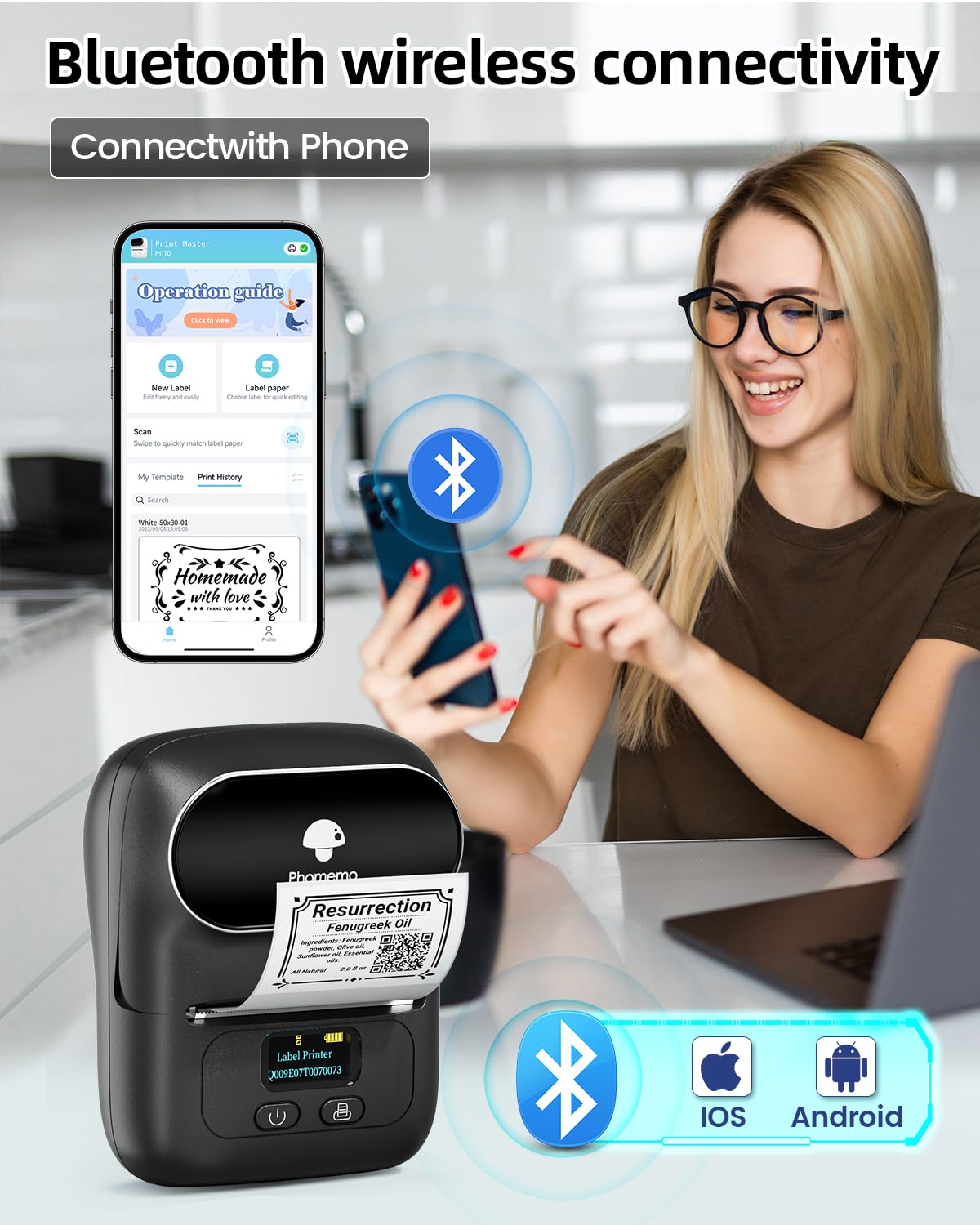 Phomemo M110 Label Makers - Barcode Label Printer Bluetooth Portable Thermal Printer for Small Business, Address, Logo, Clothing, Mailing, Sticker Printer for Phones & PC, Black