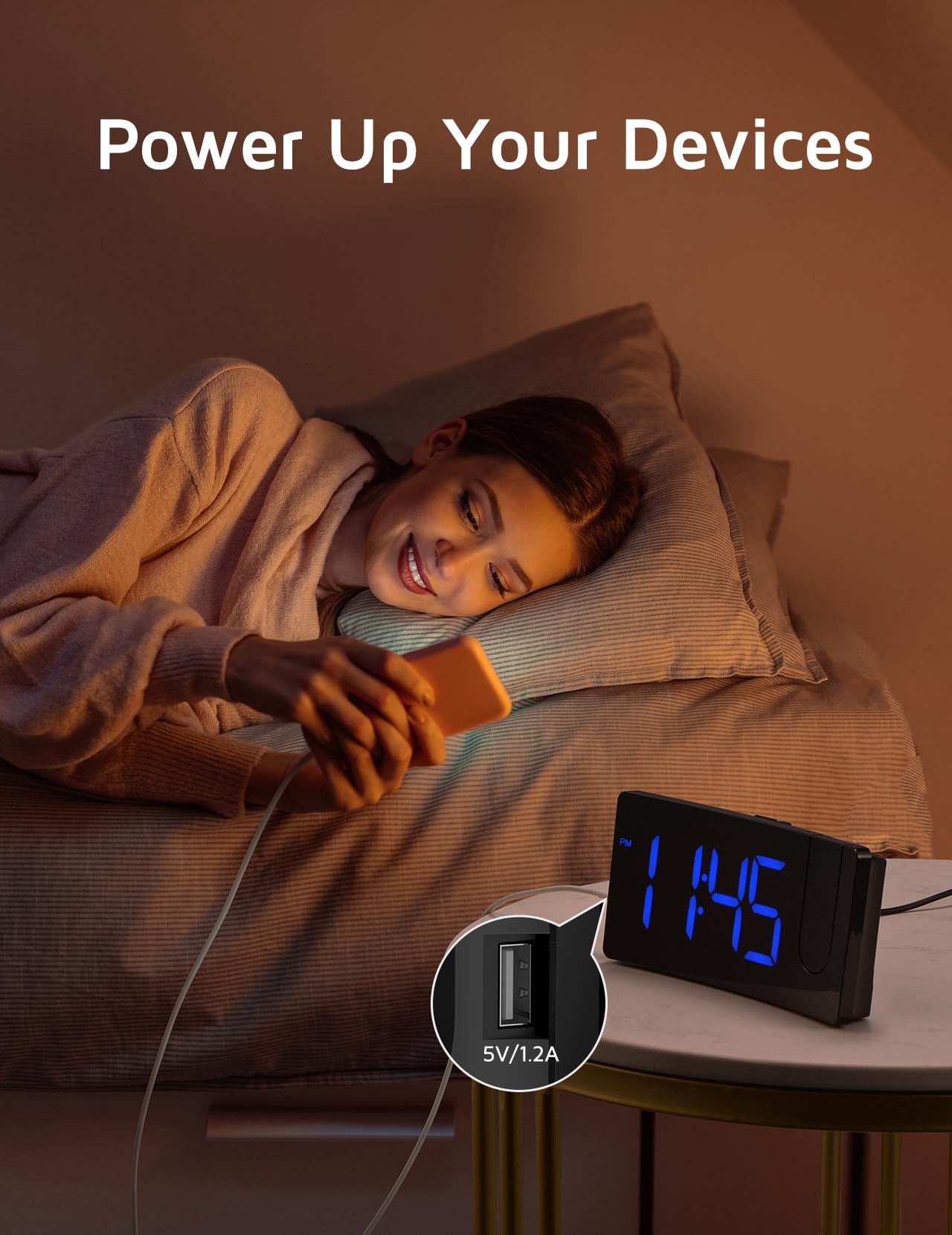 Projection Alarm Clock, Digital Clock with 180° Rotatable Projector, 3-Level Brightness Dimmer, Clear LED Display, USB Charger, Progressive Volume, 9mins Snooze,12/24H, for Bedroom
