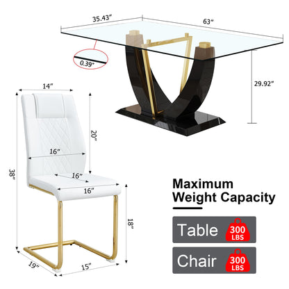 JUFU 63" Glass Dining Room Table Set for 6,Big Modern Rectangular Tempered Glass Dining Table Top Thick 0.39",7 Piece Dining Table with 6 Pcs Leather Dining Chairs