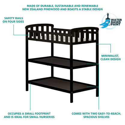 Dream On Me Emily Changing Table In Black, Comes With 1" Changing Pad, Features Two Shelves, Portable Changing Station, Made Of Sustainable New Zealand Pinewood
