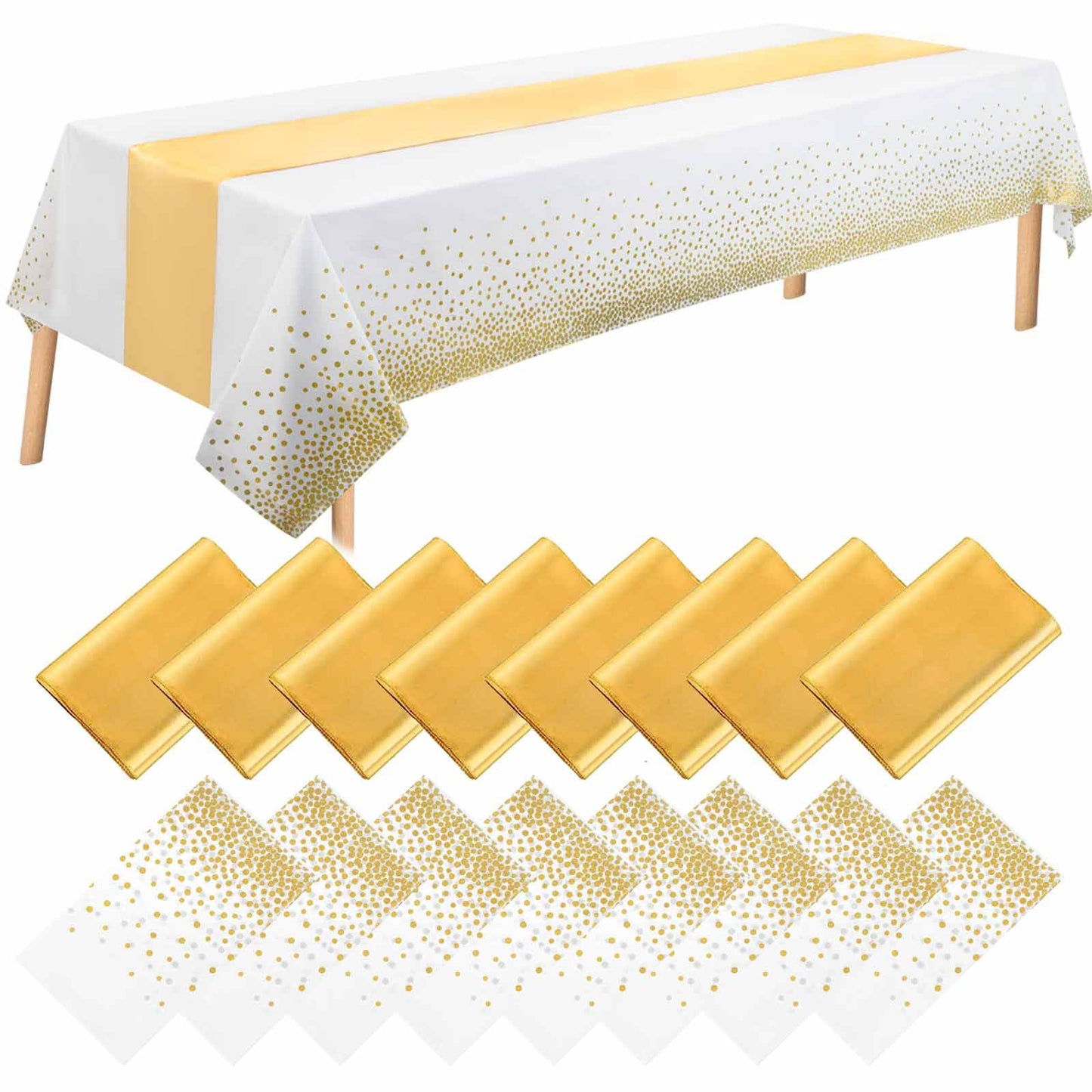 WDF 16Pack White and Gold Plastic Tablecloths Gold Table Runners - 54 x 108 Inch Gold Dot Rectangle Tablecloth 12 x 108 Inch for Parties/Wedding/Thanksgiving