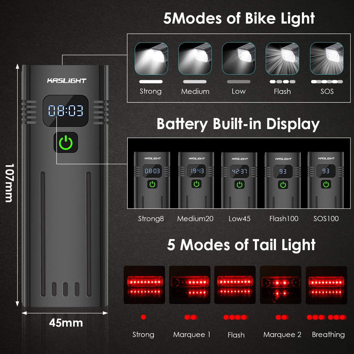 Bike Lights, KASLIGHT 8 LED Rechargeable Bike Light, 10000mAh Bright Bike Lights Front and Back 5modes Digital Display USB Bicycle Light, Bike Headlight Runtime 18+Hrs for Road Mountain Cycling