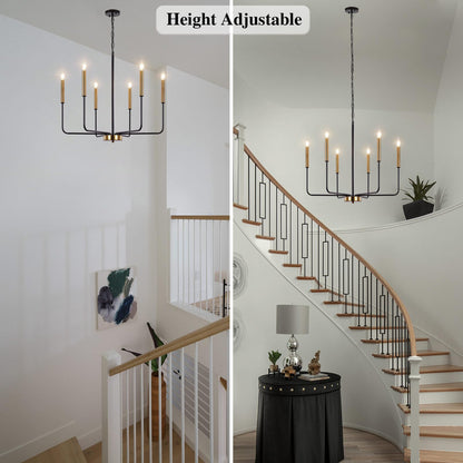 ETONIMERR Modern Farmhouse Chandelier Light Fixture Ceiling Hanging, 6-Light Black and Gold Industrial Chandelier for Dining Room, Rustic Candle Pendant Light for Kitchen Island, Living Room