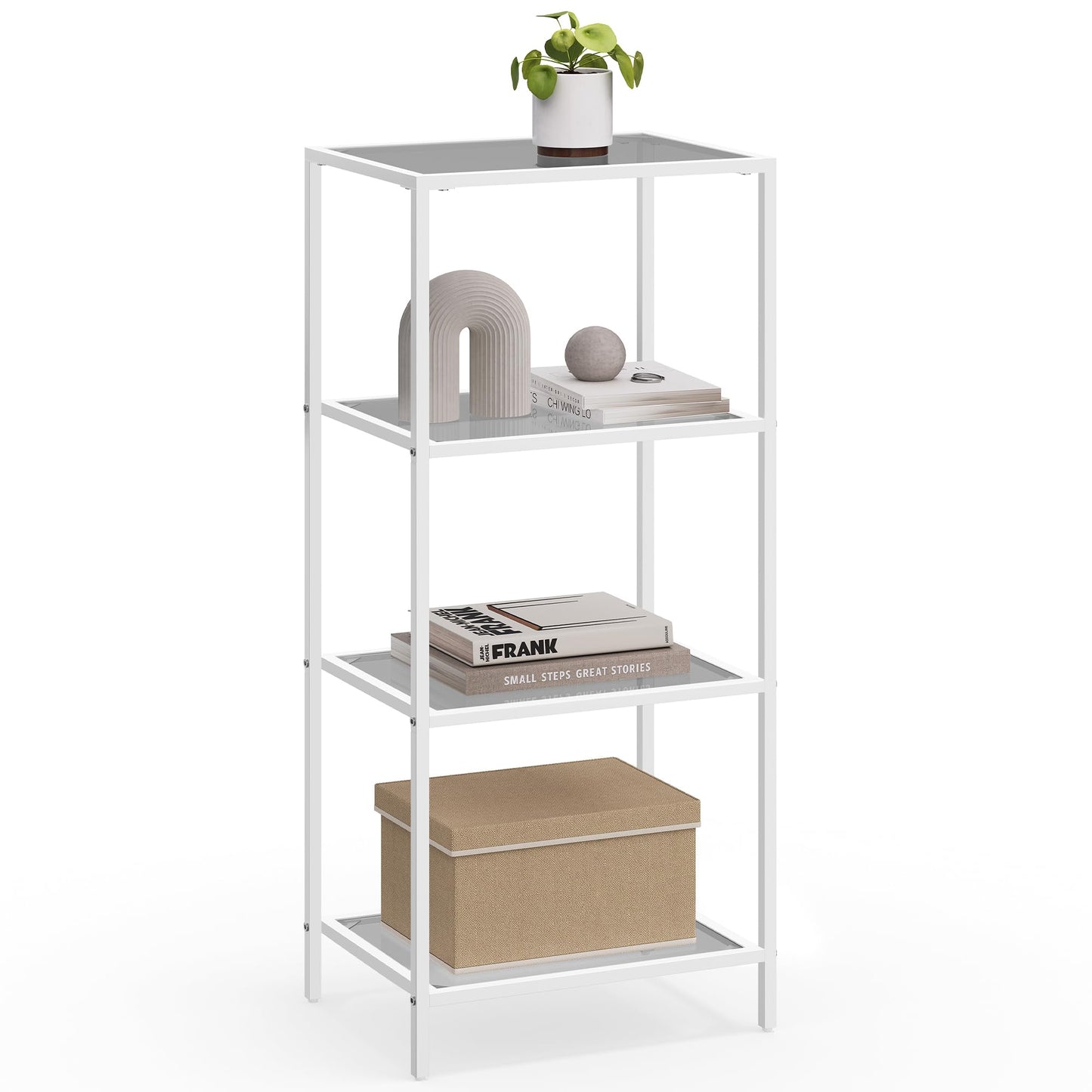 VASAGLE Bookcase, 4-Tier Bookshelf, Slim Shelving Unit for Bedroom, Bathroom, Home Office, Tempered Glass, Steel Frame, Pearl White and Slate Gray ULGT028W01