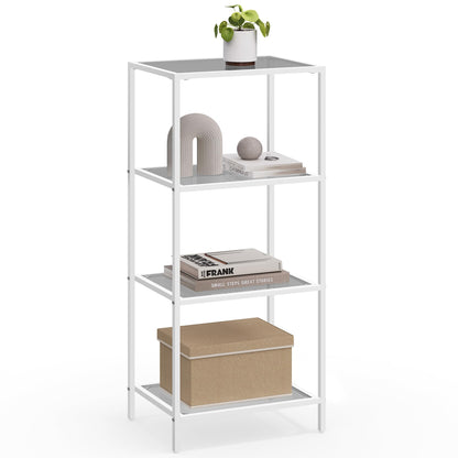 VASAGLE Bookcase, 4-Tier Bookshelf, Slim Shelving Unit for Bedroom, Bathroom, Home Office, Tempered Glass, Steel Frame, Pearl White and Slate Gray ULGT028W01