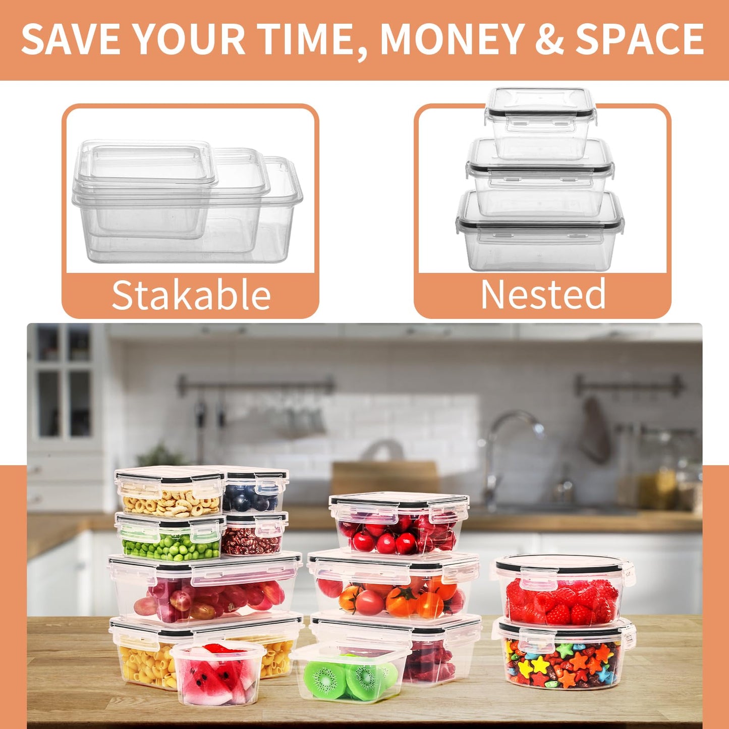 Skroam 52 Piece Airtight Food Storage Containers with Lids (26 Containers & 26 Lids), Plastic Meal Prep Container, Kitchen storage containers for Pantry Organizers and Storage with Labels & Marker