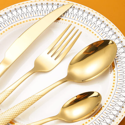 A · HOUSEWARE Hammered Silverware Set Gold 20-Piece Stainless Steel Flatware for 4 Forks Knives and Spoons Modern Thickened Creative Design Handle Durable Festival Parties Kitchen Everyday Use