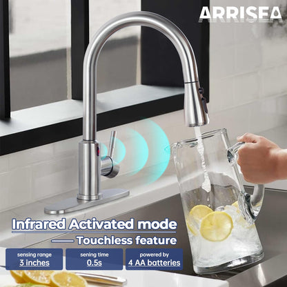 ARRISEA Kitchen Faucet, Laundry Faucets with Sprayer, Bar and RV Sink Faucet with 10'' Deck Plate, Stainless Steel Single Handle High Arc Brushed Nickel Faucets with Pull-Down Spayer