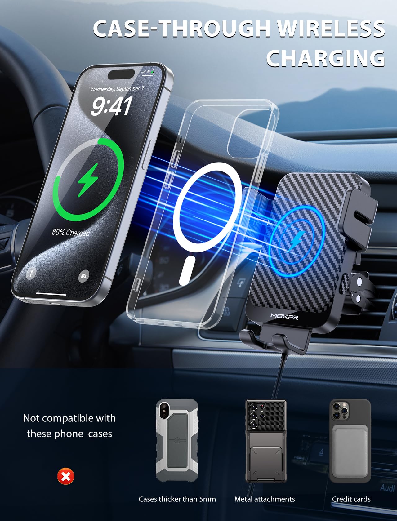 Wireless Car Charger, MOKPR 15W Fast Charging Auto-Clamping Car Charger Phone Mount Air Vent Cell Phone Holder Compatible iPhone 15/14/13/13 Pro/12 pro/12/11/X/8, Samsung Galaxy S23/S22/S21/S20, etc