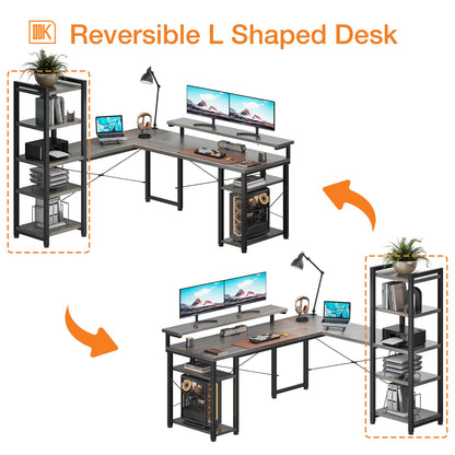 ODK L Shaped Desk with Monitor Stand, 54 Inch Home Office Desks with Storage Printer Shelves, Reversible Corner Gaming Desk with Bookshelf for Bedroom, Grey Oak