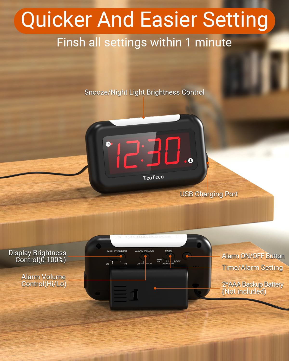 TeoTeeo Alarm Clock with Red Digits,3 Level NightLight Alarm Clocks for Bedrooms,Plug in Digital Clock with USB Charging Port,Adjustable Volume,Dimmable,Snooze,Alarm Clock for Kids