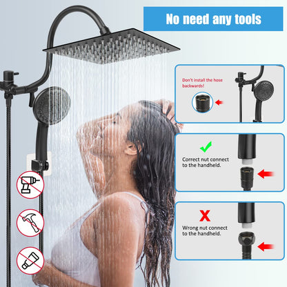 Taiker Shower Head, 8 Inch High Pressure Rainfall Shower Head/Handheld Showerhead Combo with 11.5 Inch Adjustable Curved Arm, Anti-leak Shower Head with Holder/Hose, Flow Regulator, Chrome (Black)
