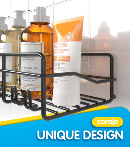 Coraje Adhesive Bathroom Caddy, [2-Pack] Large Capacity Rustproof Metal Shelves, Organizer for Shower Essentials, Black