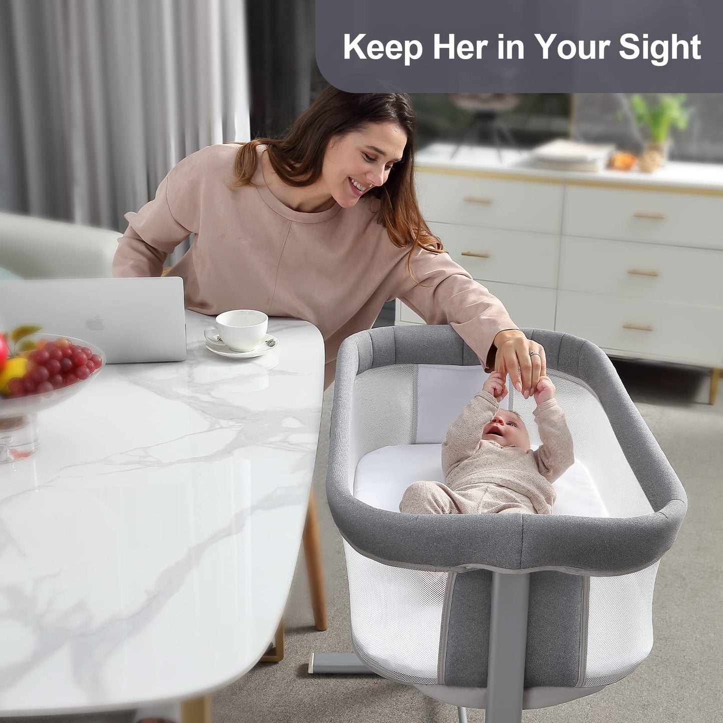 Yacul Baby Bassinet, Bedside Crib Co Sleeper for Newborns, Lighweight Portable Bassinet for Baby, Adjustable Height, Waterproof and Detachable Mattress Included, Light Grey
