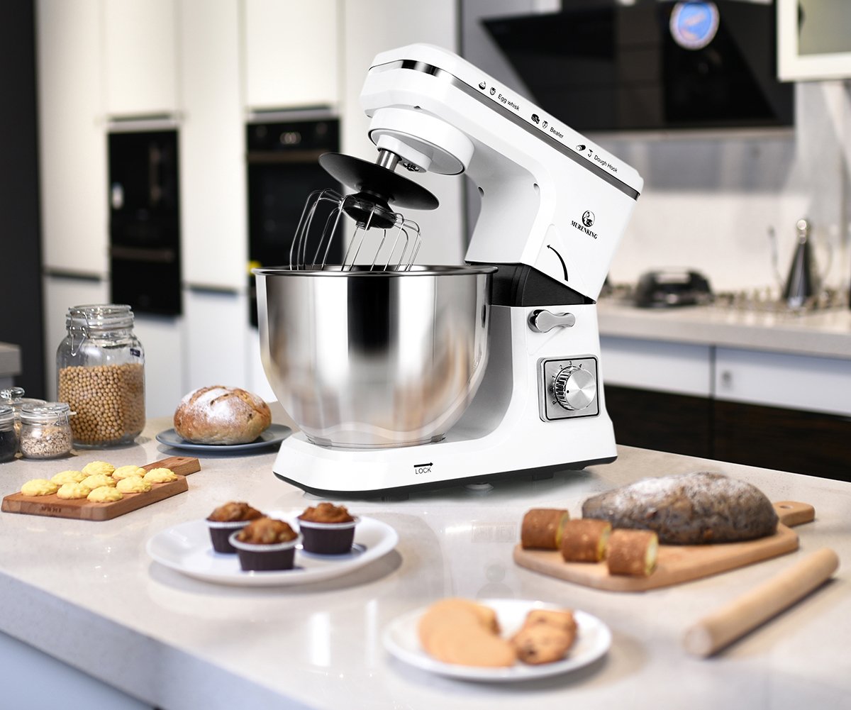 MURENKING Stand Mixer 5.3-Quart 500W,6+P Speed Tilt-Head Kitchen Electric Food Mixers Home Baking Dough Machine with Stainless Steel Bowl,Dough Hooks, Whisk, Beater, Pouring Shield (White)