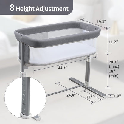 Yacul Baby Bassinet, Bedside Crib Co Sleeper for Newborns, Lighweight Portable Bassinet for Baby, Adjustable Height, Waterproof and Detachable Mattress Included, Light Grey