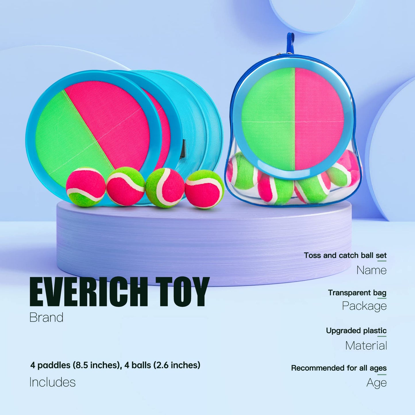 EVERICH TOY Beach Toys Outdoor Games for Kids Ages 3-10-Yard Lawn Games Ball Catch Games Paddle Toss-Upgraded Version Outside Games for Kids/Family Boys and Girls Gifts (4 Rackets, 4Balls, 1 Bag)