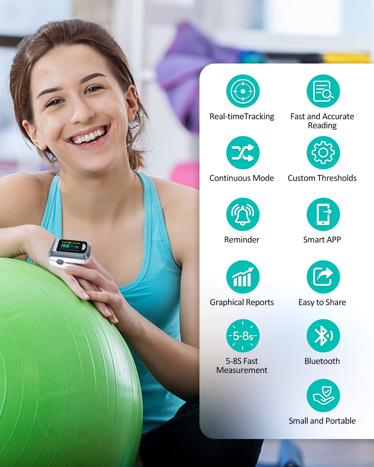 HealthTree Bluetooth Pulse Oximeter Fingertip, Blood Oxygen Saturation Monitor and Heart Rate Monitor with Free APP, for Apple and Android, 2 X AAA Batteries, Lanyard