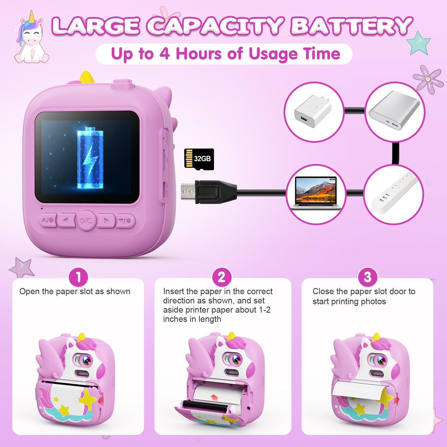CAMCLID Kids Camera Instant Print, 12MP & 1080P Instant Camera for Kids with 32G SD Card & Print Paper, Selfie Digital Video Camera for Toddler,Christmas Birthday Gifts for Girls Boy Age 3-12 (Purple)